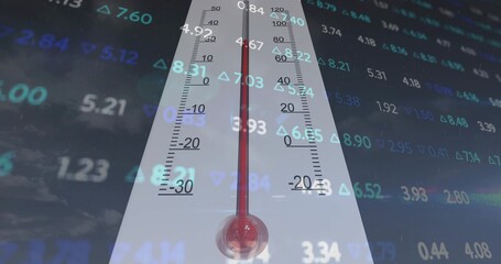 Naklejka premium Showing tall thermometer with red column on scale numbers, over market data and arrows in composite
