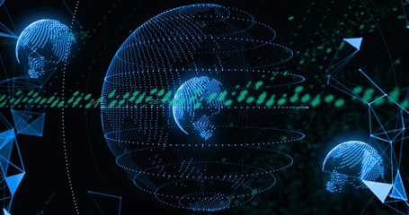 Naklejka premium Rotating central globe glowing with dotted rings, smaller globes in cyberspace, with green stream