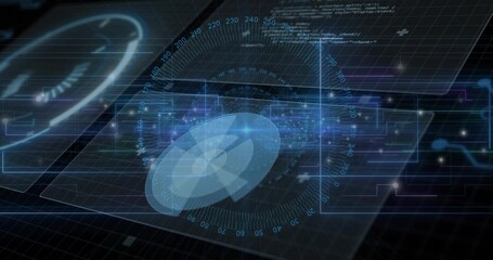 Naklejka premium Displaying holographic radar disk rotating above grid plane, showing concentric rings and ticks