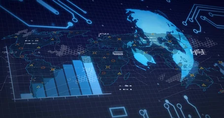 Fotobehang Buffet Displaying global map and translucent 3D globe in control hub, showing bar chart, markers, warnings  © vectorfusionart
