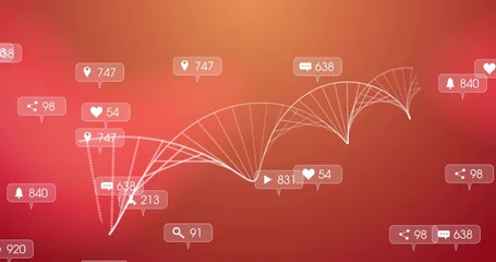 Fotobehang Vlees Animating white dotted helix network across red-orange gradient, showing notification labels  © vectorfusionart
