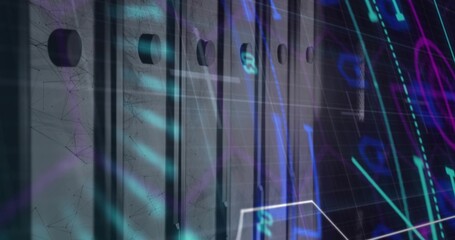 Displaying vertical server rack panels with vent holes in data center, with neon overlays