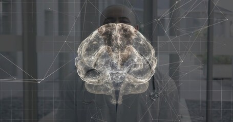 Glowing 3D brain hologram pulsing neural paths in clinic corridor, with lab coat, stethoscope