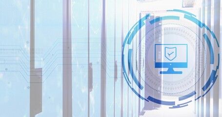 Displaying blue security HUD overlay hovering over right server aisle, racks and LEDs, copy space