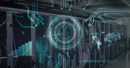Fotobehang Buffet Projecting circular HUD target over server racks in data center, showing bar chart and world map  © vectorfusionart