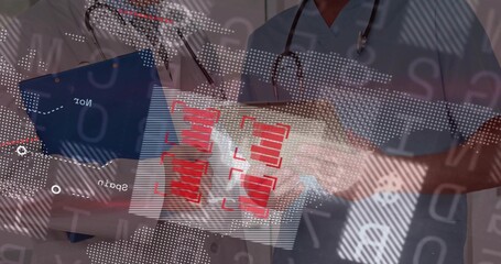 Consulting two doctors in lab coat and scrubs viewing tablet at hospital, with clipboard, red HUD