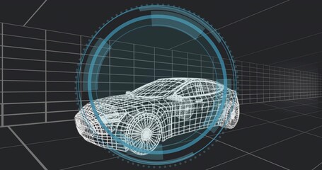 Naklejka premium Rotating wireframe car model displaying chassis and wheels in coordinate grid studio, with blue HUD