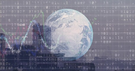 Fototapeta premium Displaying translucent Earth globe revealing financial charts over city skyline, with binary code