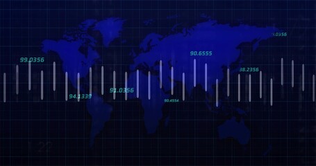 Displaying stylized global map showing translucent data bars on data dashboard, turquoise labels © vectorfusionart