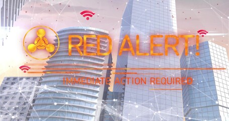Displaying large orange RED ALERT! overlaying downtown, with curved tower and red Wi-Fi icons © vectorfusionart