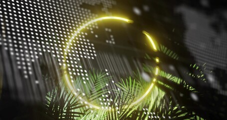 Naklejka premium Glowing yellow neon arc casting light across dark set, with dotted grid panel, palm fronds, bokeh