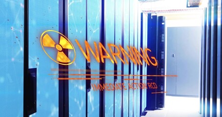 Projecting orange warning overlay over datacenter aisle, showing radiation trefoil and server racks © vectorfusionart