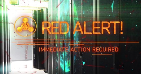 Obraz premium Dominating orange warning text flashing over racks in aisle, showing hazard symbol, left door