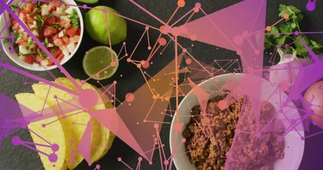 Fotobehang Vlees Displaying white bowl of taco meat occupying right-side on slate with pico chips magenta overlay  © vectorfusionart