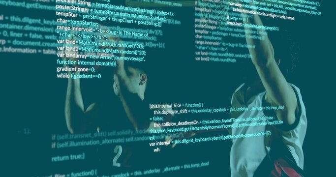 Reaching two athletes wearing number 2 sleeveless jerseys raising arms on court with code overlay