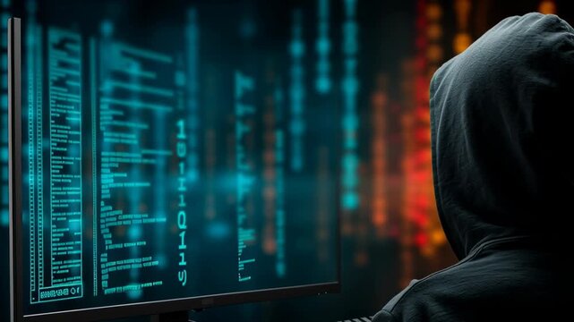 back view of Man wearing black hoody hacker breaking security system on computer. Cyber attack concept. Data theft criminal. Blue light digital screen footage	
