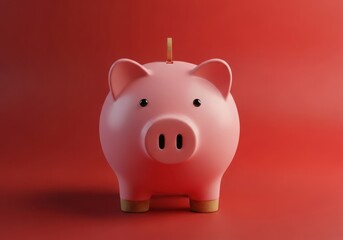 Pink piggy bank on red background with coin slot