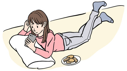 スマホを見ながら寝そべっている女性　イラスト