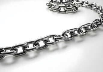 Obraz premium Close-up studio shot of a gleaming silver metal chain with interconnected links, showcasing its strength, security, and connection on a clean white background, symbolizing unity and robust systems