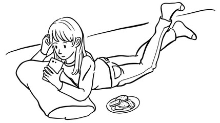 スマホを見ながら寝そべっている女性　線画