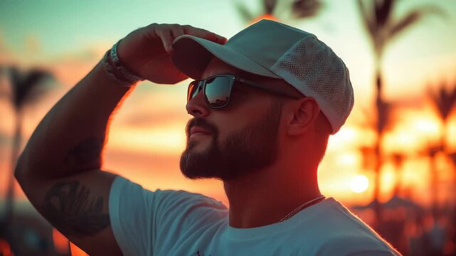 Man wearing sunglasses and a cap shields his eyes looking at the vibrant tropical sunset during a summer holiday vacation at a luxury resort