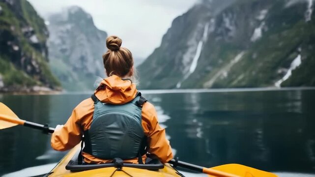 A person enjoys kayaking on calm water, paddling past majestic mountains with flowing waterfalls during an adventurous outdoor vacation