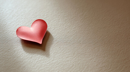 Obraz premium Single red paper heart on textured beige surface with soft shadow and warm lighting, symbolizing love and affection in minimalistic composition