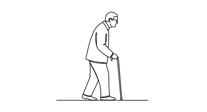Silhouette of Elderly Senior Man Walking with Cane