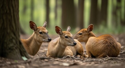 Three young deer resting peacefully in a sun-dappled forest clearing.