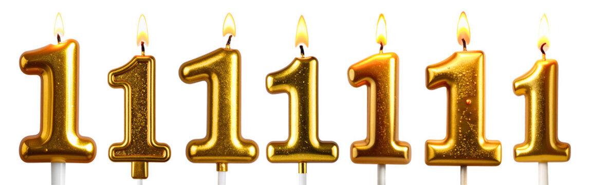 Collection of Golden decorated burning birthday candle digit one shaped, Set of png on transparent background