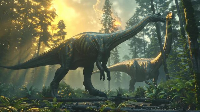 Sauropod Dinosaurs Walking Through Prehistoric Forest	
