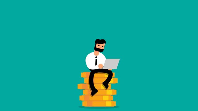 Business Man Sitting on Coin Stack with Rising Growth Chart and Money Bags for Financial Success Concept