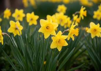 Obraz premium Vibrant yellow daffodils in a lush green garden bed