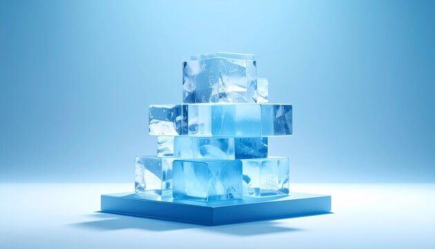 Stack of glowing ice cubes on blue pedestal. Refreshing concept.