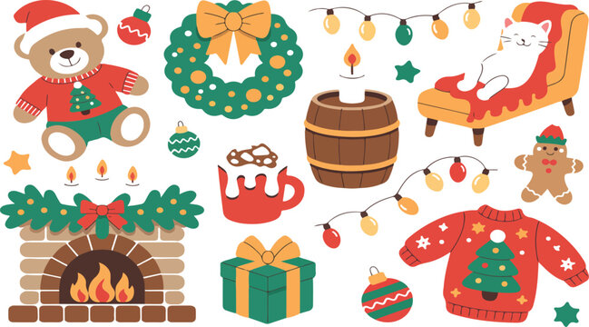 Cozy Christmas Scene &ndash; Holiday Decor, Gifts, and Fireplace Vector Illustration