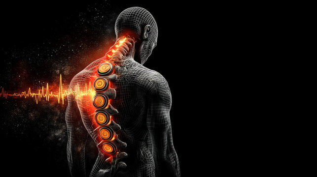 Conceptual human body broadcasting pain signals along spine and sciatic nerve