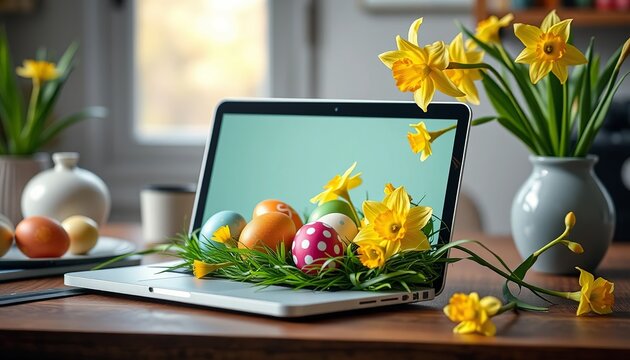 A laptop on a wooden desk with Easter eggs and daffodils in a springtime setting for online celebration
