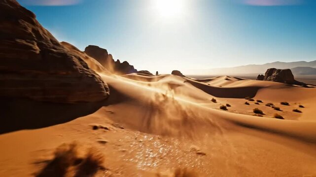 Scenic desert landscape with wind blowing across sand dunes and mountains in the distance under a bright sunny sky