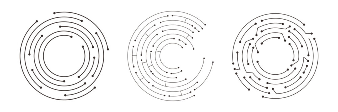 Circuit board texture, circle line dots connection set. Electronic motherboard illustration. data, electrical board, cpu. Innovative Electronic Network. Technology background, design elements