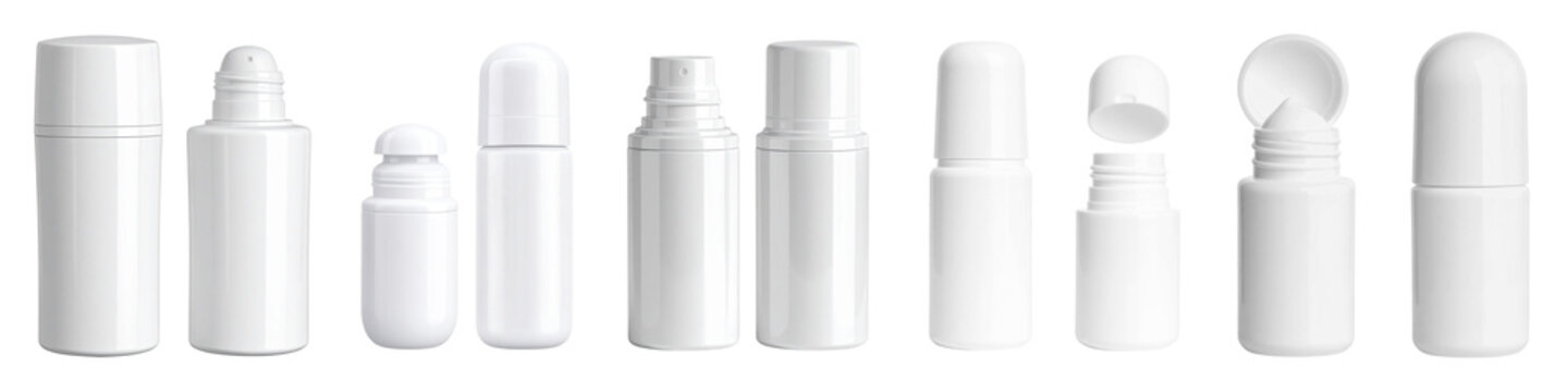 Collection of Roll-on antiperspirant deodorant glass bottle with plastic cap and label, Set of png on transparent background