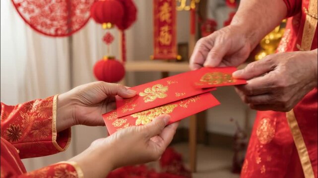 Chinese family exchanging red envelopes during Chinese New Year with focus on hands and red envelopes, symbol of blessing and prosperity in a traditional celebration, 4k video footage