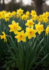 Fototapeta premium Vibrant yellow daffodils in a lush green field