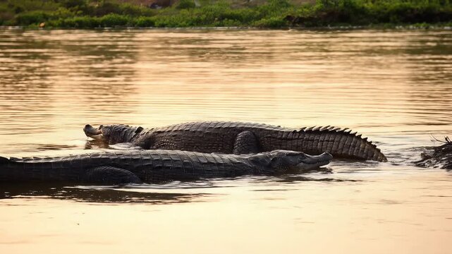 Two crocodiles face each other in serene natural habitat with birds flying overhead