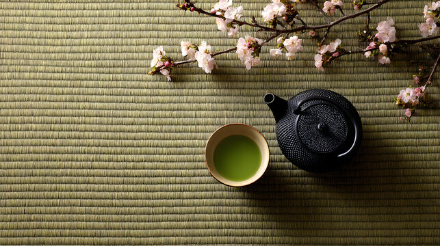 Japanese Zen Flat Lay with Matcha Tea and Sakura on Tatami	