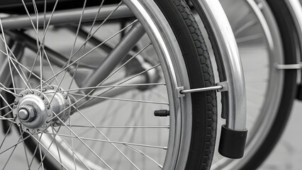 Fototapeta premium Close-up monochrome shot capturing the intricate spokes and sturdy wheels of a modern wheelchair, symbolizing independence and crucial mobility assistance