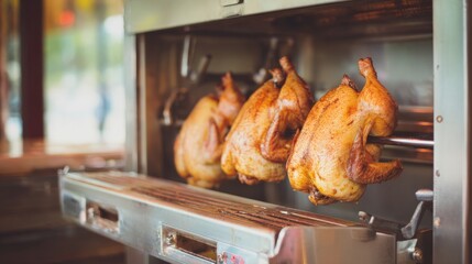 Naklejka premium Rack of chicken hanging in cooking machine, roasting poultry in professional kitchen, showing culinary preparation, food processing, cooked meat texture and restaurant cooking equipment concept