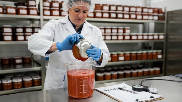 Quality control in action as technician measures sauce flow time with flowcup viscometer verifying optimal viscosity for ideal packaging and consumer satisfaction.