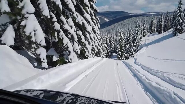A snow-covered road leads through tall evergreen trees in a mountainous region. The scene captures the beauty of winter, highlighting the snowy landscape and blue sky.