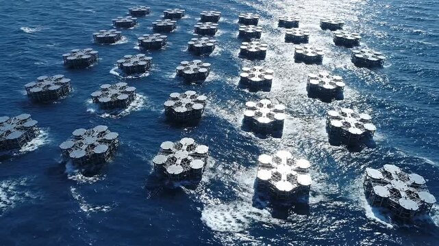 A stunning video showcasing floating platforms arranged in a geometric pattern on calm ocean waters