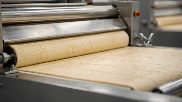 Medium shot of conveyor belt sheeting smooth wheat dough precise rollers creating uniform cracker thickness in an industrial bakery setting.